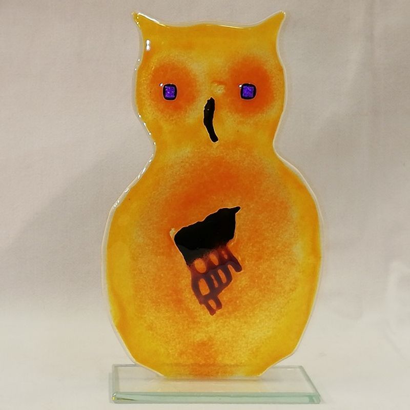 Håndlaget ugle i glass F, gresskarorange 