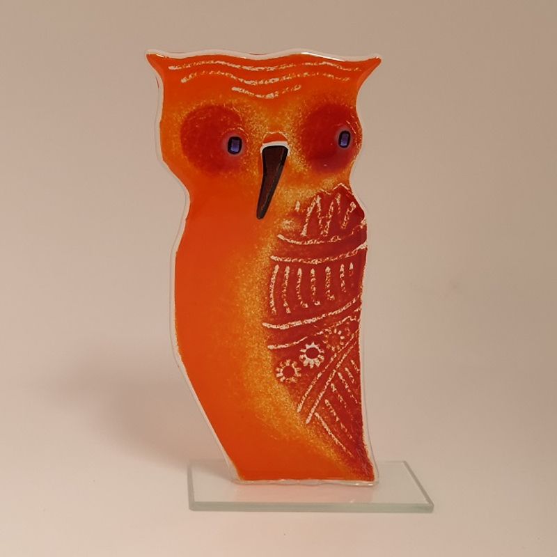 Håndlaget ugle i glass, rød/orange
